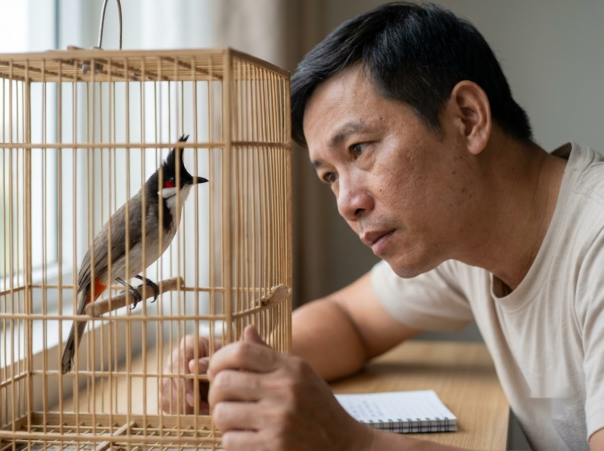 Chào mào đổi màu lông không do gene: người nuôi quan sát mảng lông lạ dưới ánh sáng cửa sổ tự nhiên