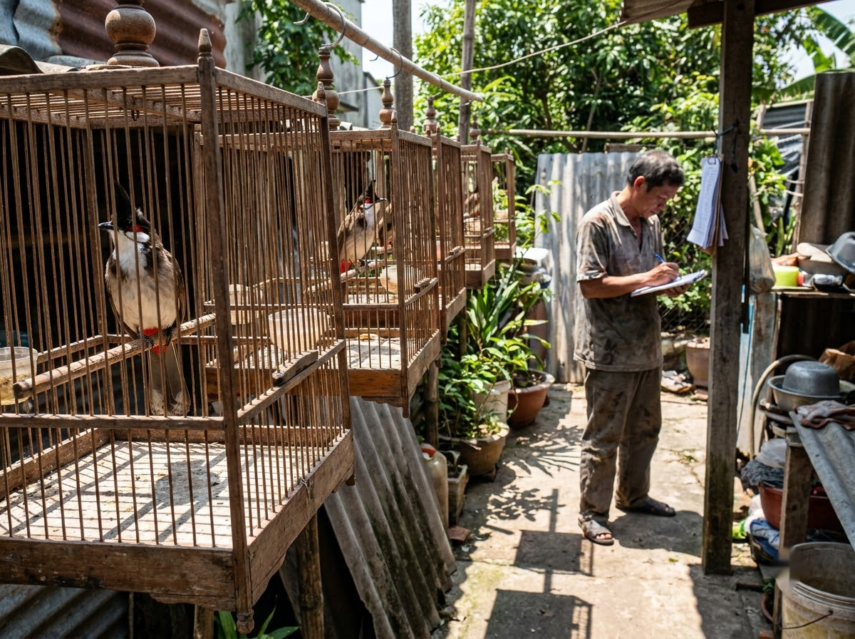 dãy lồng chào mào ngoài trời, người nuôi ghi chú vào bảng theo dõi cạnh lồng